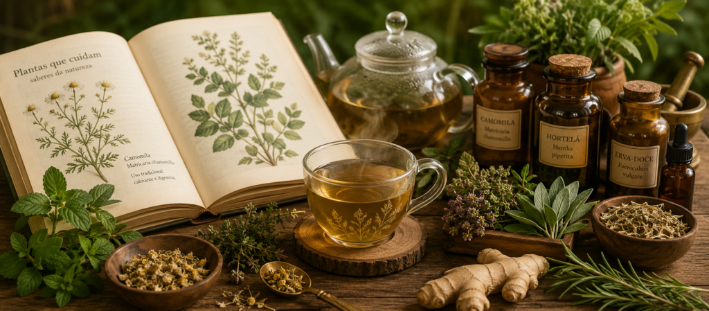 Chás terapêuticos: mesa rústica com chá terapêutico, ervas medicinais frescas, livro botânico aberto e frascos naturais em estilo acolhedor Benverde.