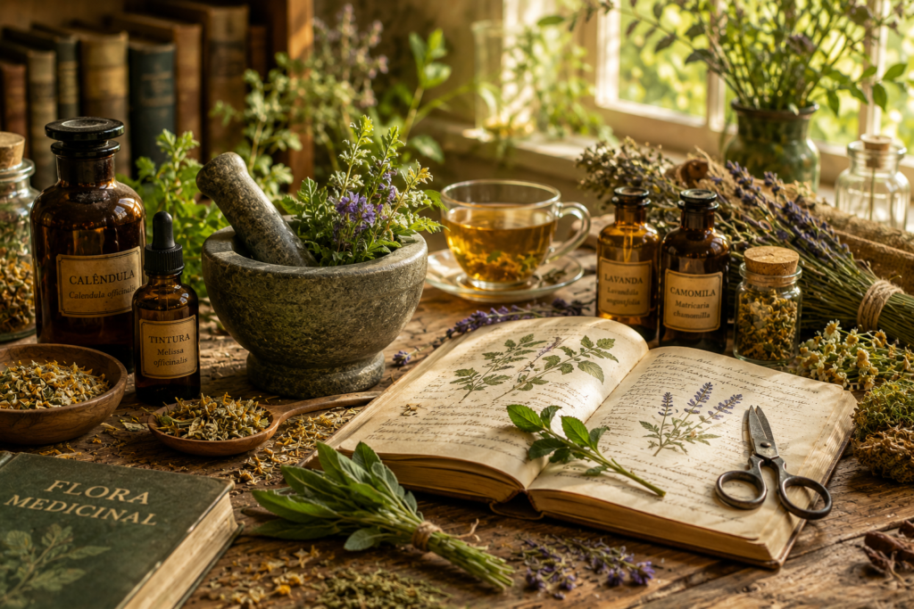 Fitoterapia: mesa botânica rústica com ervas medicinais, almofariz, frascos âmbar, chá e livro ilustrado sobre plantas medicinais iluminados pela luz natural.