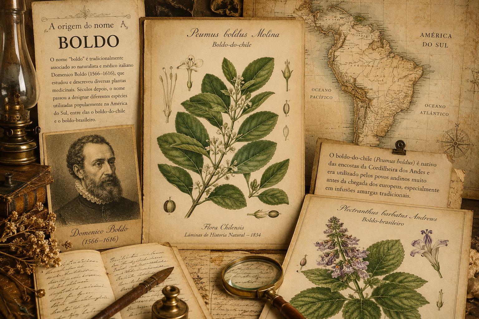 Composição botânica histórica com referências ao boldo-do-chile e ao boldo-brasileiro em estética naturalista vintage.