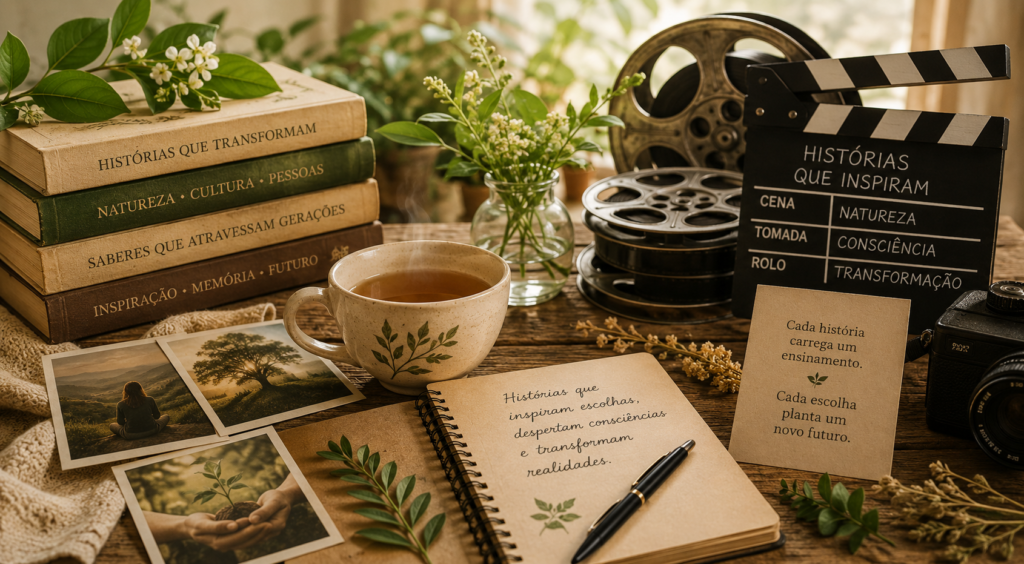 Histórias Inspiradoras: mesa rústica com chá, livros, fotografias, caderno e elementos de cinema em atmosfera acolhedora inspirada em histórias e documentários.