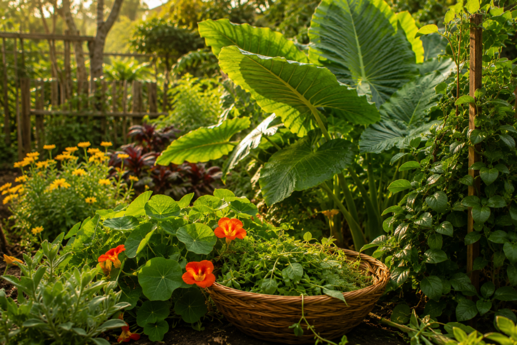 Horta com diferentes plantas alimentícias não convencionais iluminadas pela luz natural em ambiente verde e acolhedor.