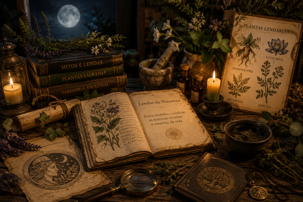 Mitos e Lendas: ilustração botânica em estilo vintage com pergaminhos, livros antigos, velas acesas, plantas medicinais e atmosfera mística sob a luz da lua, representando mitos e lendas do universo natural.