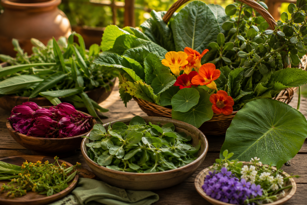 Mesa rústica com diferentes PANCs, folhas verdes e flores comestíveis organizadas em cestos e recipientes naturais.