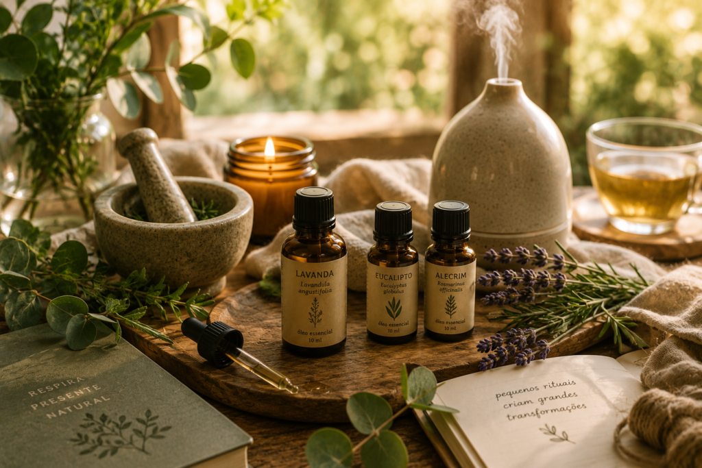 Mesa rústica com frascos de óleos essenciais, ervas frescas, difusor aromático, vela e chá em ambiente acolhedor e natural.