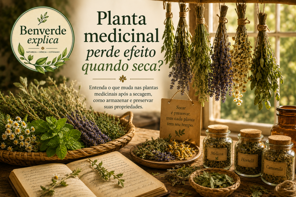 Planta medicinal perde efeito quando seca? ervas medicinais secando naturalmente em ambiente rústico com lavanda, melissa, hortelã e camomila ao lado do selo Benverde Explica.