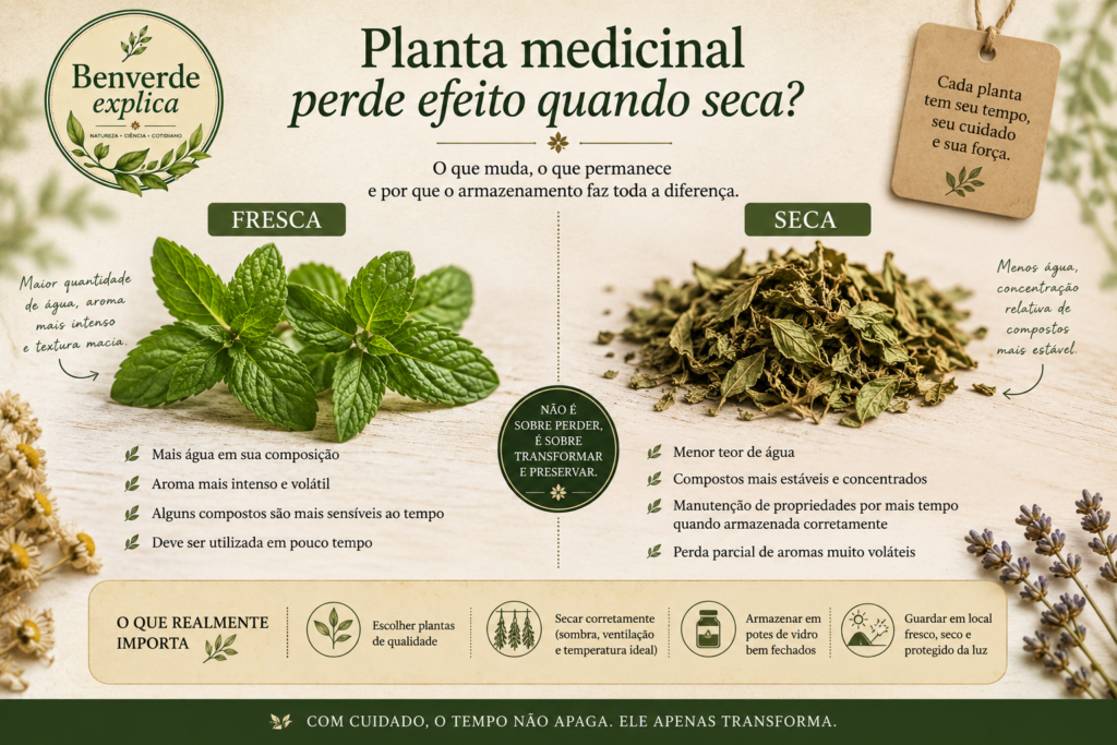 Comparação visual entre planta medicinal fresca e seca mostrando diferenças naturais de aroma, água e conservação.
