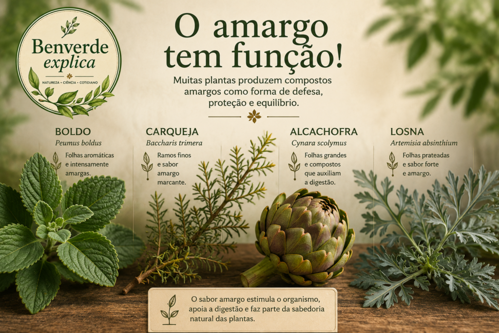 Painel botânico educativo mostrando boldo, carqueja, alcachofra e losna com explicações sobre compostos amargos naturais.