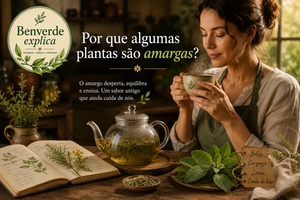 Pessoa tomando chá de ervas amargas em cozinha rústica ao lado de plantas medicinais e caderno botânico.