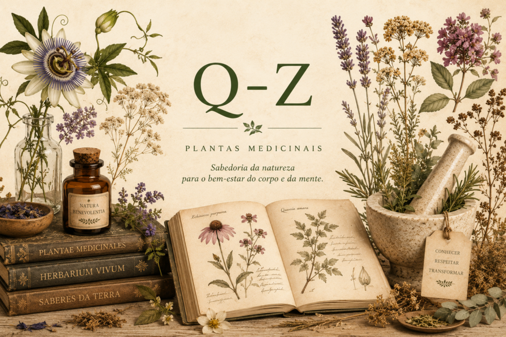 Plantas de Q a Z:iIlustração botânica horizontal em estilo herbarium vintage representando plantas medicinais da seção Q a Z da Biblioteca Botânica Benverde.