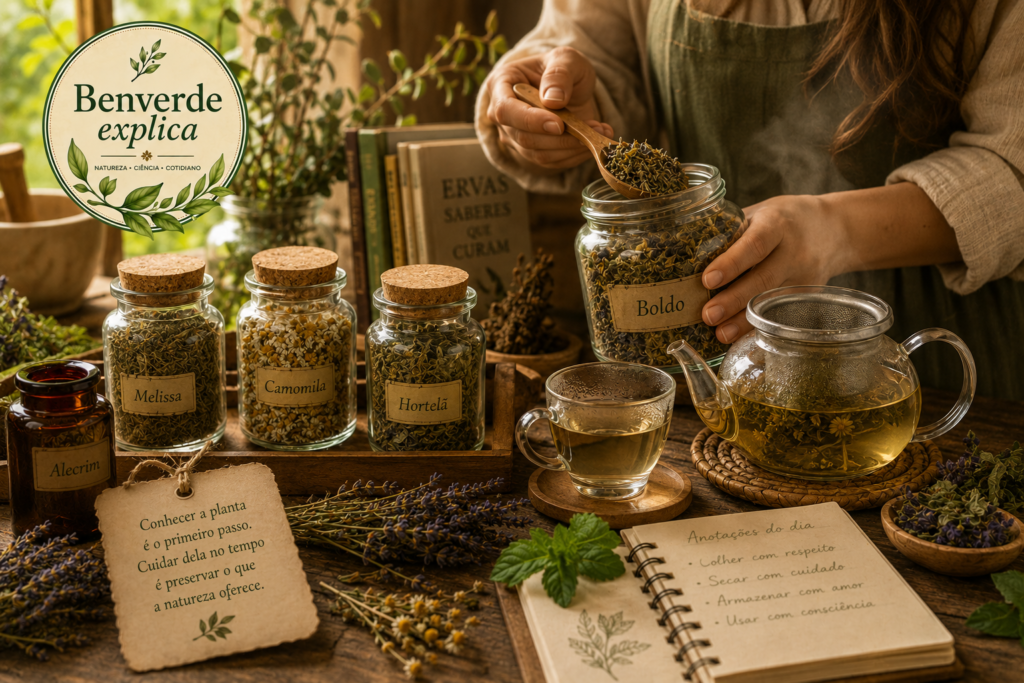 Pessoa preparando chá com ervas medicinais secas em cozinha rústica cercada por potes de vidro e plantas naturais.