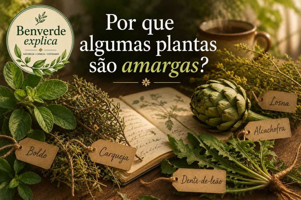 Por que algumas plantas são amargas? Composição botânica com boldo, carqueja, losna, alcachofra e dente-de-leão em mesa rústica ao lado do selo Benverde Explica.
