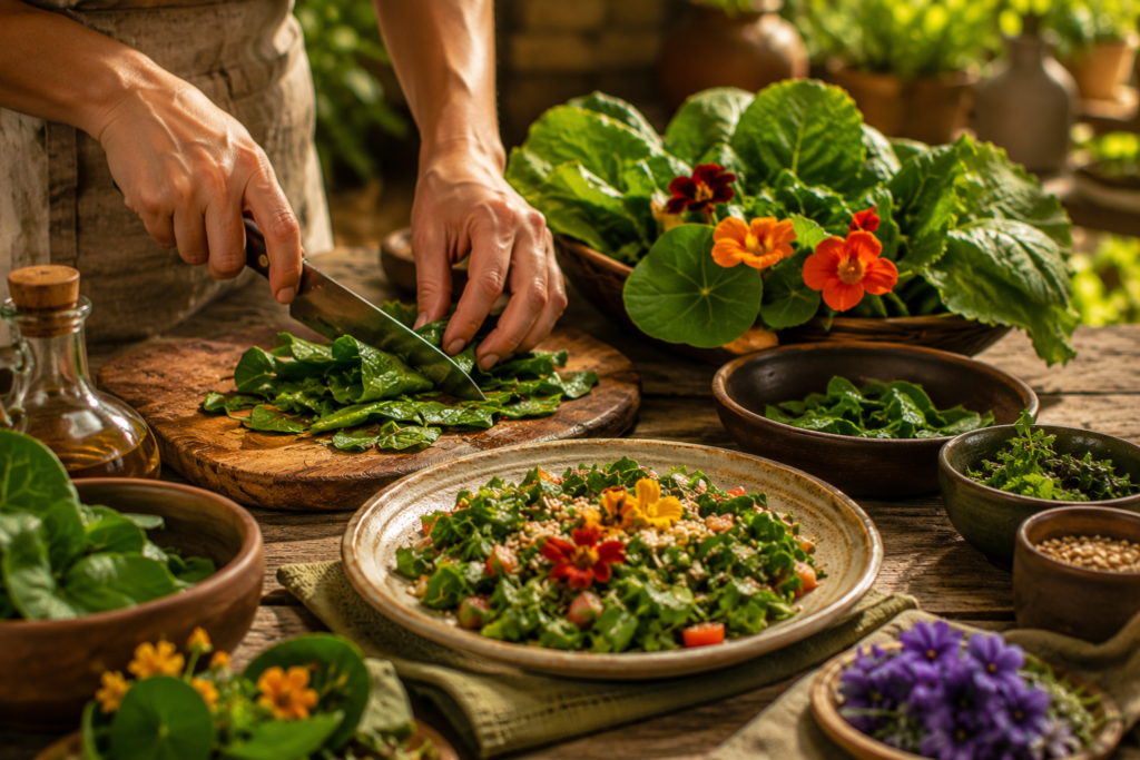 O que são as PANCs: pessoa preparando folhas verdes e plantas alimentícias naturais em cozinha rústica iluminada pela luz dourada.