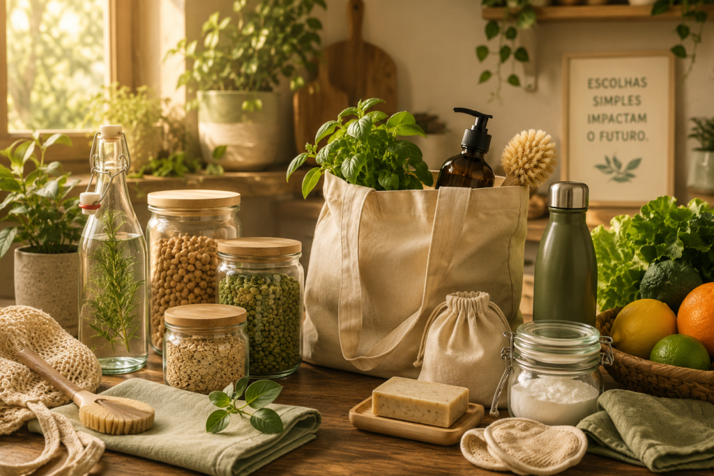 Mesa rústica com produtos ecológicos, potes de vidro, sacola reutilizável, escova de madeira, plantas e alimentos naturais em cozinha iluminada.