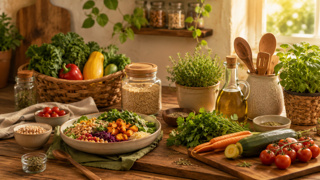 Receitas que Nutrem: cozinha rústica com ingredientes naturais, legumes, ervas frescas e prato vegetariano saudável em estilo acolhedor do Benverde.