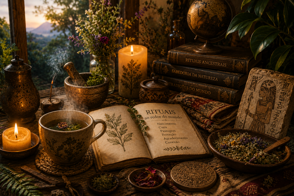 Rituais: cena ritualística em estilo vintage com chá herbal fumegante, velas, ervas secas, livros antigos e símbolos culturais inspirados em tradições ancestrais ligadas à natureza e às plantas medicinais.