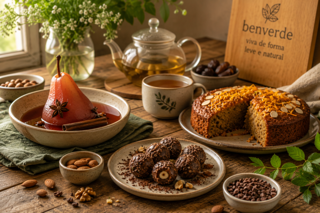 Sobremesas saudáveis: mesa rústica com sobremesas saudáveis, pera cozida no chá, bolo caseiro, doces de cacau e chá quente em ambiente acolhedor.