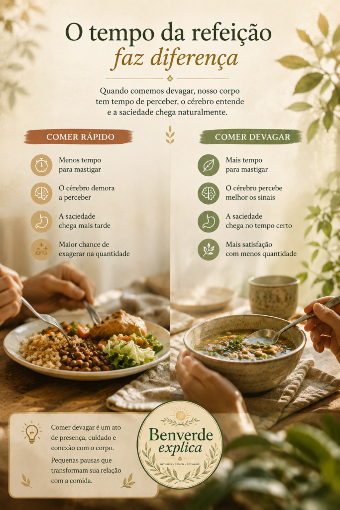 Comer devagar muda a sensação de saciedade? O que acontece no corpo) | Benverde Comparação visual entre comer rápido e comer devagar, mostrando diferenças na percepção da saciedade e no tempo da refeição.
