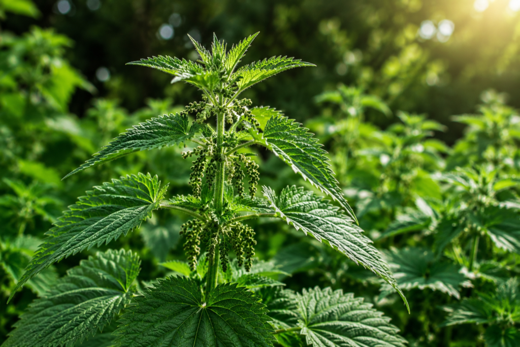 Planta urtiga (Urtica dioica) com folhas serrilhadas verdes iluminadas pela luz natural em ambiente de vegetação.