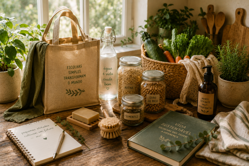 Vida sustentável: mesa rústica com sacola reutilizável, potes de vidro, legumes frescos, plantas e itens naturais em ambiente acolhedor e sustentável.