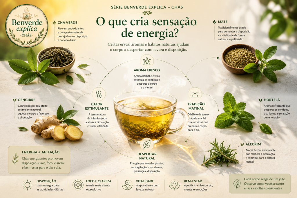 Infográfico botânico mostrando chá verde, gengibre, mate, hortelã e alecrim associados à sensação de energia natural.