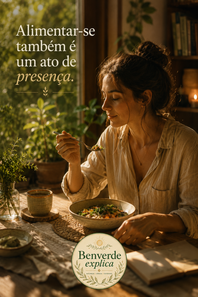 Comer devagar muda a sensação de saciedade? O que acontece no corpo) | Benverde Pessoa fazendo uma refeição tranquila próxima à janela, cercada por plantas e luz natural suave em ambiente acolhedor.