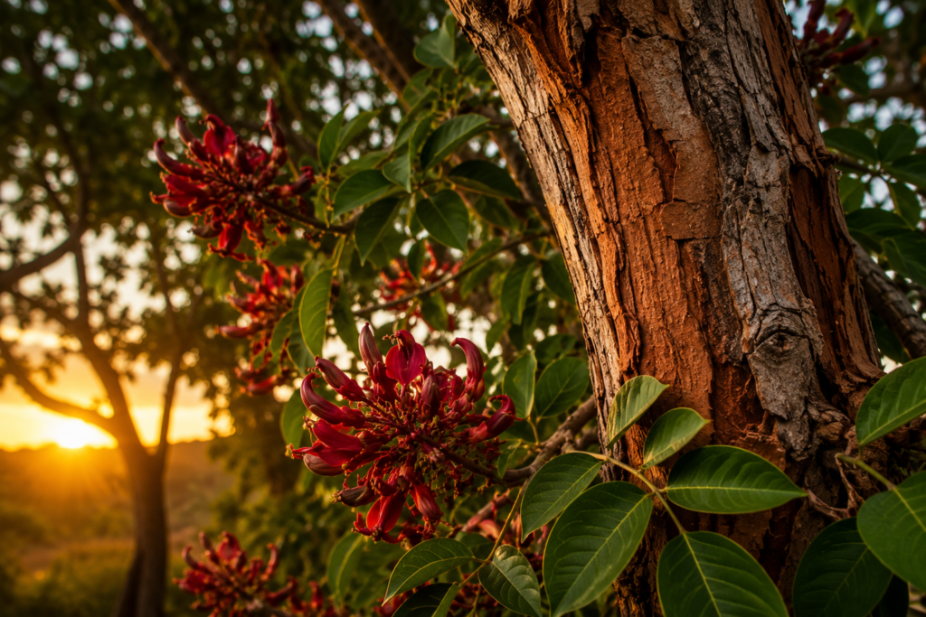 Tronco de mulungu com flores vermelhas e folhas verdes iluminadas pela luz dourada do entardecer.