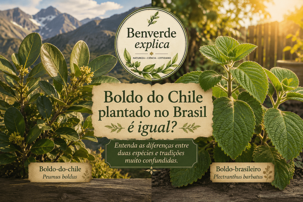 Boldo do Chile plantado no Brasil é igual? Entenda as diferenças | Benverde Boldo do Chile plantado no Brasil é igual? Comparação visual entre o boldo-do-chile e o boldo-brasileiro em composição editorial da série Benverde Explica.