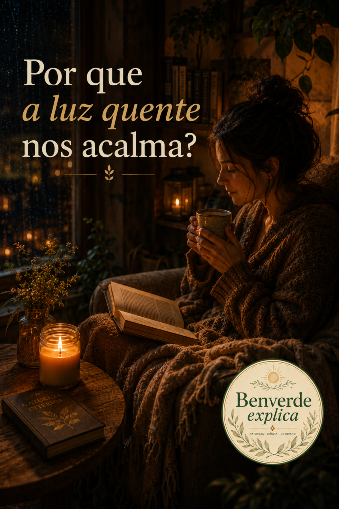 Por que gostamos tanto de fogo, velas e luz quente? O conforto que o cérebro reconhece | Benverde Pessoa segurando uma caneca próxima à janela em ambiente iluminado por velas e luz âmbar suave durante a noite.