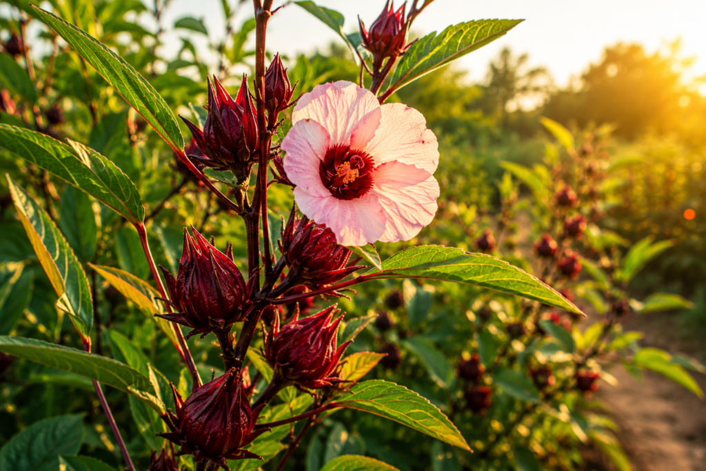Planta hibisco (Hibiscus sabdariffa) com flor clara e cálices vermelhos iluminados pela luz do pôr do sol.