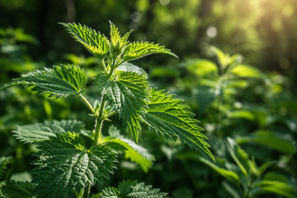 Folhas verdes serrilhadas da urtiga (Urtica dioica) iluminadas pela luz natural em ambiente de vegetação.