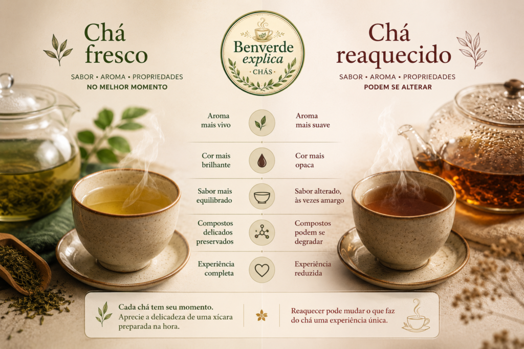 Comparação visual entre chá recém preparado e chá reaquecido mostrando mudanças naturais de aroma, cor e sabor.