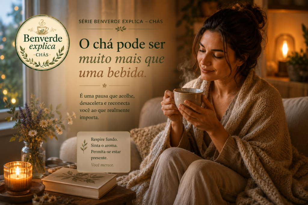 Pessoa segurando uma xícara de chá em ambiente aconchegante com manta, luz baixa e atmosfera relaxante.