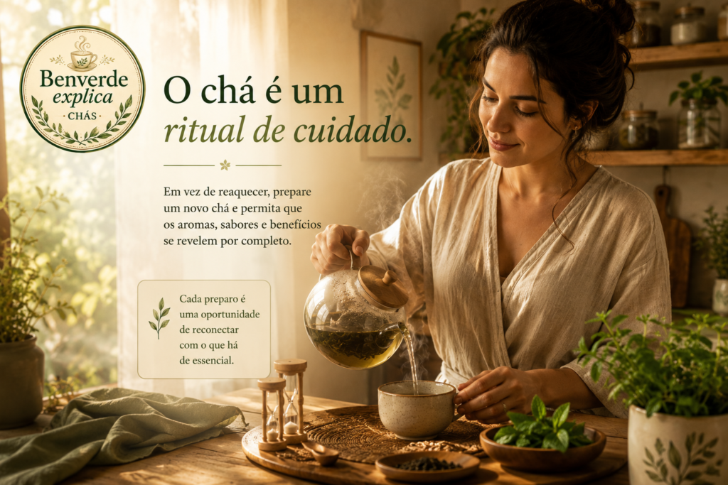 Pessoa preparando chá fresco em cozinha acolhedora cercada por ervas naturais e luz suave da manhã.