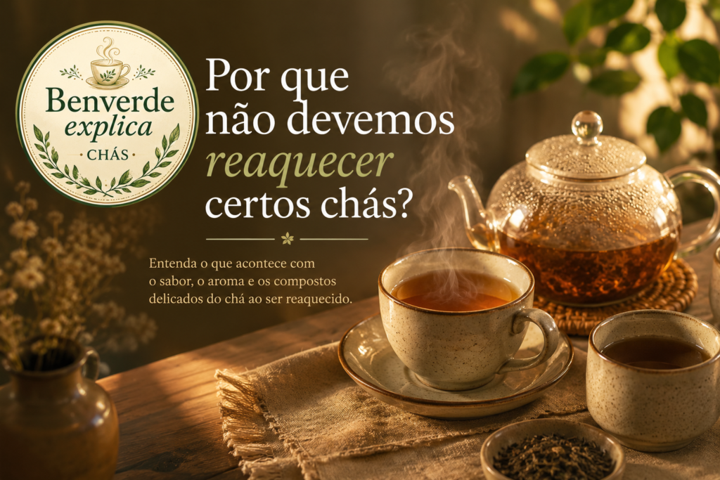 reaquecer certos chás: chá fumegante em mesa rústica com chaleira de vidro e selo Benverde Explica Chás em ambiente acolhedor.