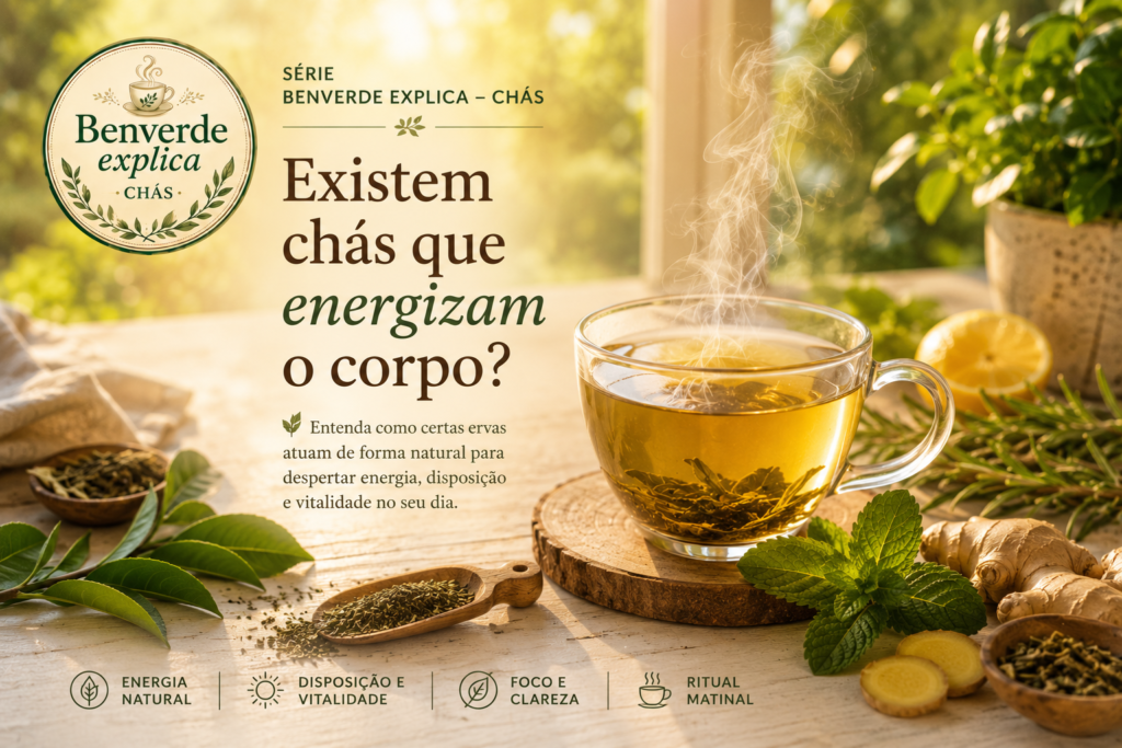 Chás que energizam: xícara de chá fumegante com chá verde, gengibre, hortelã e luz dourada da manhã em ambiente natural acolhedor.