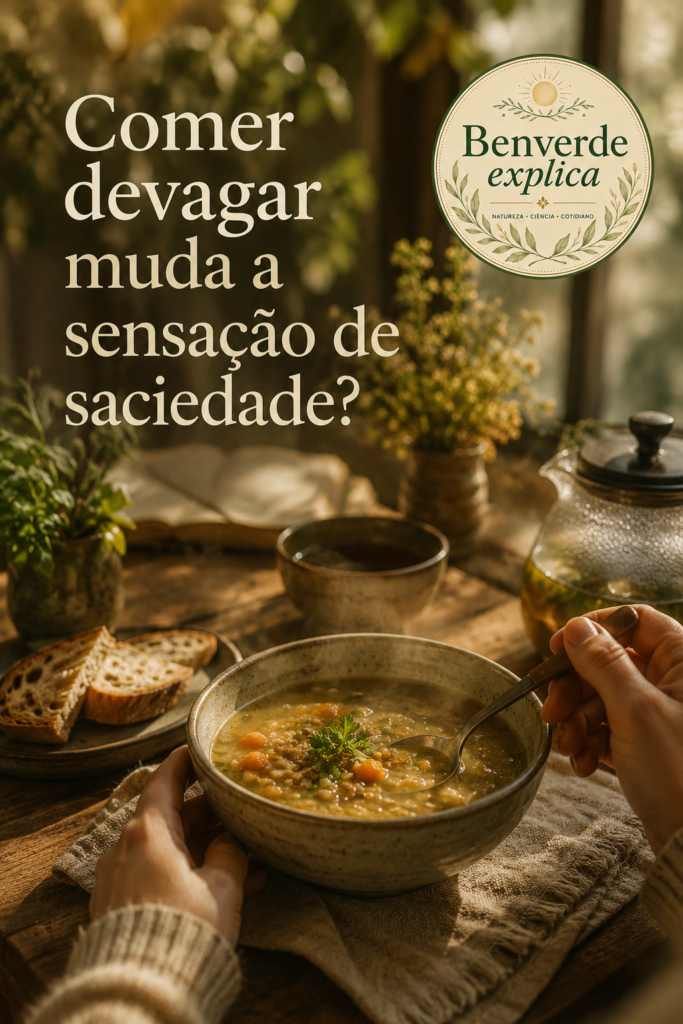 Comer devagar muda a sensação de saciedade? O que acontece no corpo) | Benverde Comer devagar muda a sensação de saciedade? Pessoa segurando uma tigela de sopa quente em mesa rústica iluminada pela luz dourada da manhã, com o selo Benverde Explica Estilo de Vida.