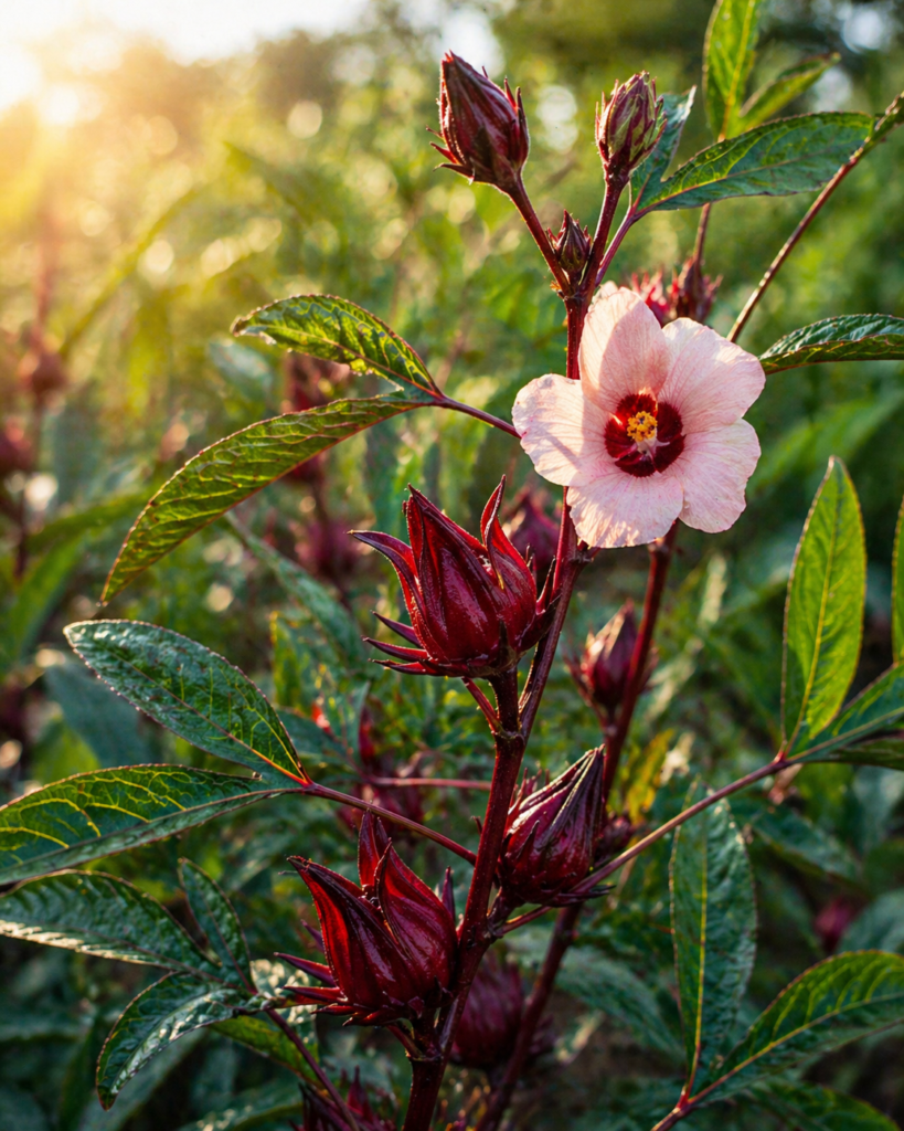 Planta hibisco (Hibiscus sabdariffa) crescendo em ambiente natural com flor clara e cálices vermelhos iluminados pela luz do sol.