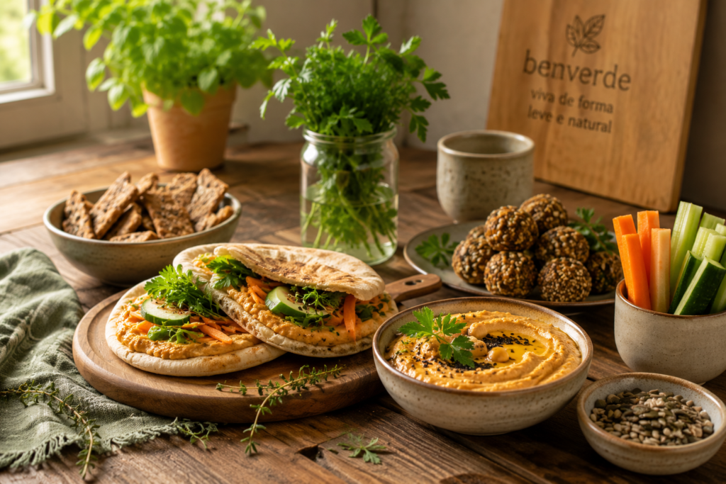 Lanches e petiscos: mesa rústica com lanches vegetarianos naturais, homus, pão sírio, legumes frescos e ervas aromáticas em ambiente acolhedor.