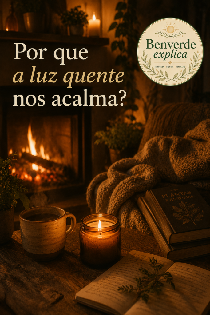 Por que gostamos tanto de fogo, velas e luz quente? O conforto que o cérebro reconhece | Benverde Por que gostamos tanto de fogo velas e luz quente? Ambiente acolhedor com lareira, vela acesa, chá quente e manta em tons terrosos iluminados por luz âmbar suave, com o selo Benverde Explica Estilo de Vida.