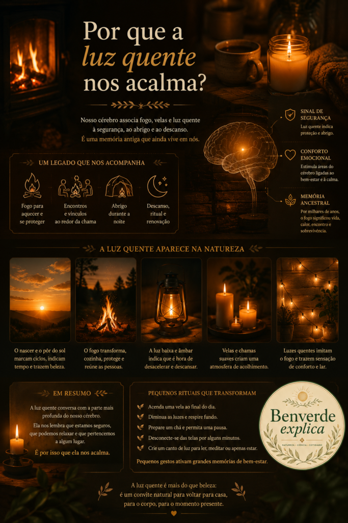 Por que gostamos tanto de fogo, velas e luz quente? O conforto que o cérebro reconhece | Benverde Infográfico visual mostrando como fogo, velas e luz âmbar estão ligados à sensação de segurança, conforto emocional e memória ancestral.
