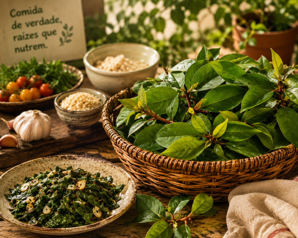 Cesta com folhas de ora-pro-nóbis ao lado de prato refogado e ingredientes naturais em mesa rústica