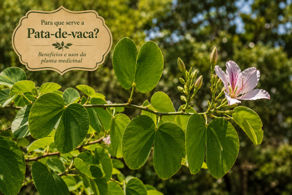 Para que serve a pata-de-vaca? Benefícios e usos da planta medicinal | Benverde Galho de pata-de-vaca (Bauhinia forficata) com folhas verdes bilobadas e flor clara iluminadas pela luz natural.