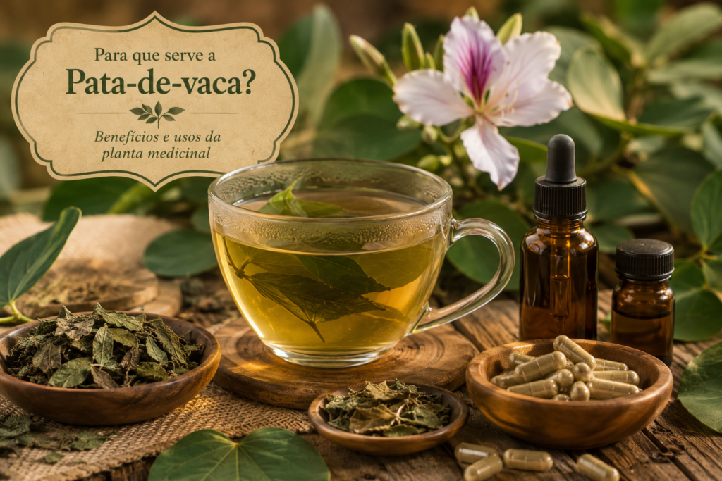 Para que serve a pata-de-vaca? Benefícios e usos da planta medicinal | Benverde Chá de pata-de-vaca servido em xícara transparente ao lado de folhas secas, cápsulas e frascos de extrato vegetal sem marca.
