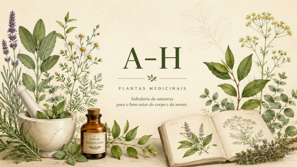 Plantas de A a H : ilustração botânica horizontal em estilo herbarium vintage com plantas medicinais da seção A a H da Biblioteca Botânica Benverde.