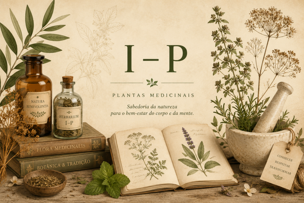 Plantas de I a P: ilustração botânica horizontal em estilo herbarium vintage representando plantas medicinais da seção I a P da Biblioteca Botânica Benverde.