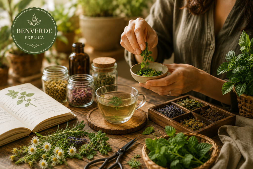 Pessoa preparando chá com ervas medicinais frescas em mesa rústica com plantas, caderno botânico e utensílios naturais.