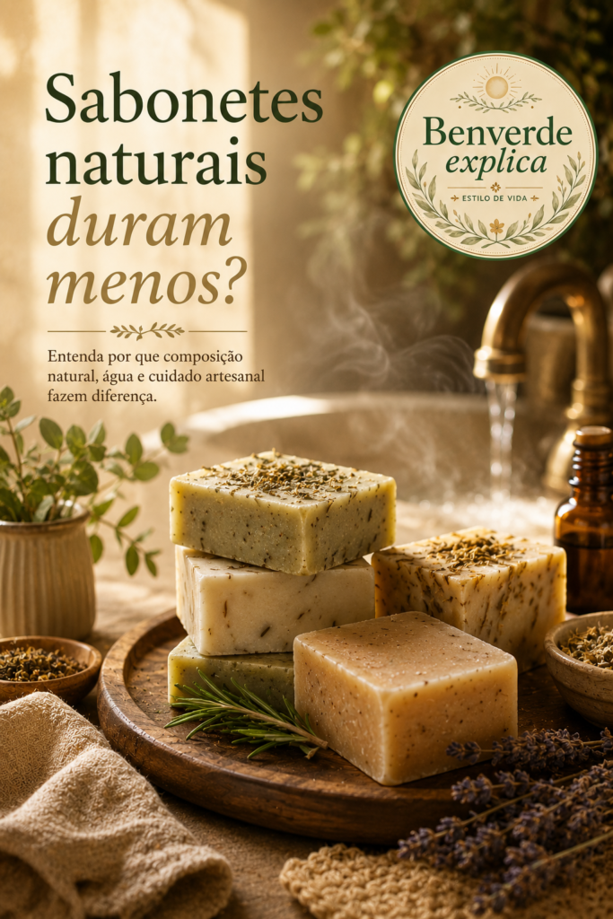 Sabonetes naturais duram menos? Sabonetes artesanais naturais sobre bandeja de madeira em banheiro acolhedor iluminado por luz dourada suave, com o selo Benverde Explica Estilo de Vida.