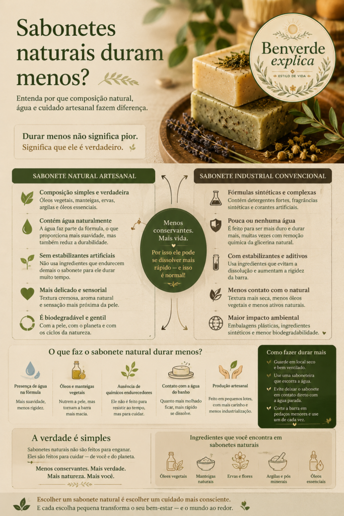 Infográfico comparando sabonetes naturais artesanais e sabonetes industriais, destacando composição natural, menos conservantes e presença de ingredientes vegetais.