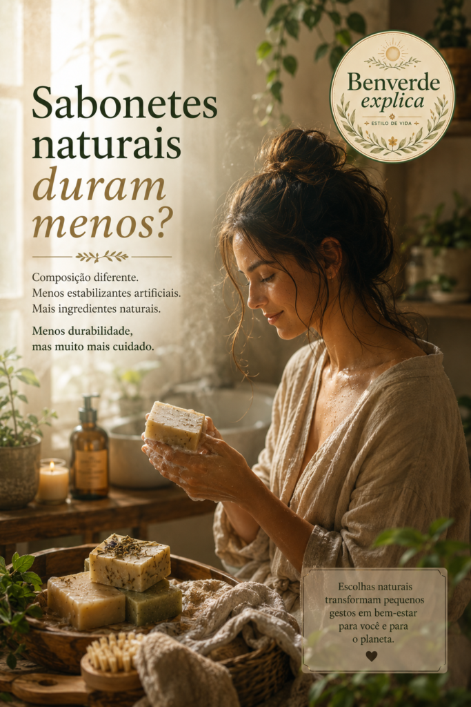 Pessoa segurando sabonete artesanal em banheiro iluminado por luz natural suave, cercada por plantas e elementos de autocuidado natural.