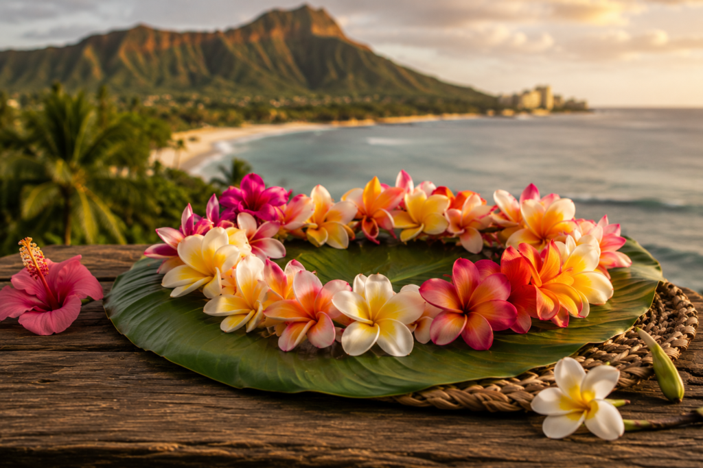 O ritual havaiano do Lei: colar tradicional havaiano de flores sobre folha tropical com o oceano, palmeiras e montanhas ao fundo durante o pôr do sol.
